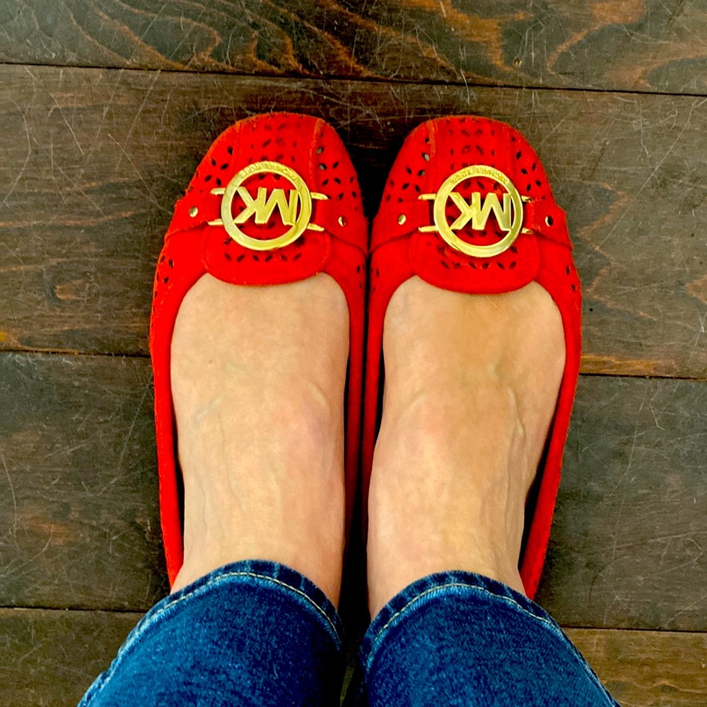 Michael Kors red suede flats with gold trim